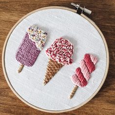 three lollipops in an ice cream cone hand embroidery pattern on a hoop