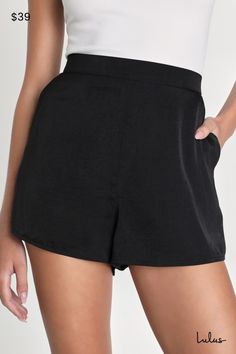 You'll be feeling sweet in the Lulus Extra Love Black Satin High-Waisted Shorts! These comfortable satin shorts begin at a high waist (with a bit of elastic at back for fit) before continuing into a relaxed silhouette. Side seam pockets complete the look! Fit: This garment fits true to size. Length: Above mid-thigh. Size medium Inseam: 2.00 Front Rise: 12.00 Waist: Fitted - elastic waist allows stretch. Hip: Not Fitted - room for hips. Fabric: Fabric has no stretch. Unlined. 100% Polyester. Hand Satin Shorts, Lulu Fashion, Jungle Green, Love Black, Pretty Colours, Dusty Blue, Black Satin, High Waisted Shorts, Cool Things To Buy