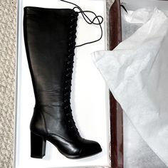 Never Worn, New In Box, Lace Up Knee High Boots. Nice Block Heel, Slender Foot Design. Soft Fur Lining On The Inside. Zipper On The Inside. Cute Versatile Design. Marked 'Vero Cuoio' On The Bottom- Genuine Leather Size 5 Party Knee-high Heeled Boots With Zipper, Evening Knee-high Heeled Boots With Zipper, Elegant High Heel Knee-high Boots With Zipper, Lace Up Knee High Boots, Fitted High Heel Knee-high Boots With Zipper Closure, Knee-high Heeled Boots With Zipper Closure, Foot Design, High Heeled Boots, High Heel Boots Knee