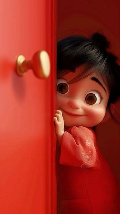 an animated doll peeking out from behind a red door