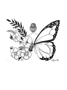 a black and white drawing of a butterfly with flowers