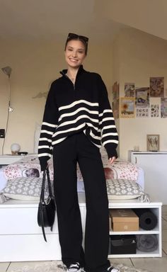 2023 Vest Outfit, Fall Outfit Neutral, Outfits For Large Chested Women, Faculty Outfits, Oppenheimer Outfit Women, Workplace Outfits For Women, Black Striped Sweater Outfit, Irish Street Style, Low Effort Outfits