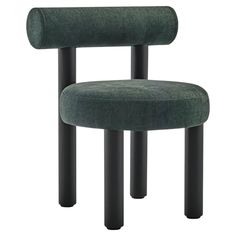 a green chair with two black legs and a round seat on the back, in front of a white background