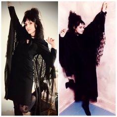 two different pictures one with black hair and the other with dark clothes, both wearing long sleeves