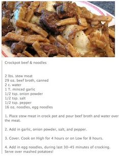 the recipe for crockpot beef and noodles is shown in an advertizer