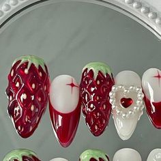 Strawberry Inspo Nails, Diy Cute Nails, Nail Inspo Strawberry, Nail Ideas Strawberry, 3d Strawberry Nails, Nail Sets Ideas, Handmade Press On Nails, Nails Press On, Uñas Press On