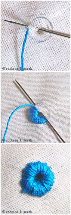 the process to crochet is shown with yarn and thread on it, including two needles