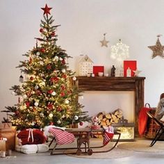 a living room with a christmas tree and presents on the floor