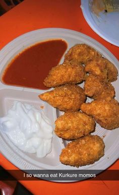 some fried food on a white plate with sauce and mayonnaise next to it