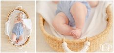 a baby laying in a basket next to another photo