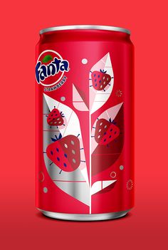 a can of soda with strawberries and leaves on the side, against a red background