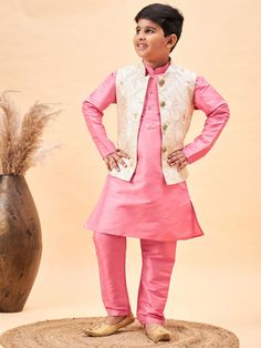 vastramay boys beige woven nehru jacket with pink kurta pyjama set Embroidered Buttons, Pink Kurta, Beige And Pink, Kurta Pyjama, Nehru Jacket, Pink Bottom, Nehru Jackets, Looking Dapper, Pink Solid