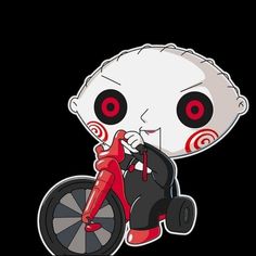 a cartoon character on a motorcycle with red eyes and an eye patch in the shape of a head