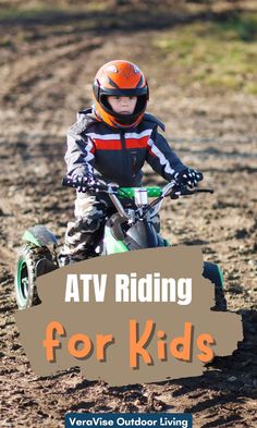 a young boy riding on the back of a dirt bike with text overlay reading atv riding for kids