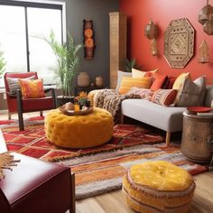 a living room filled with lots of furniture and colorful pillows on top of the couches