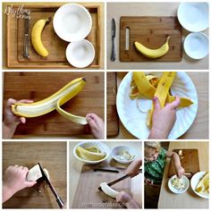 there are pictures of bananas being cut and put on plates with knifes, bowls, spoons and forks