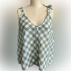 Nwot. Super Cute Summer Breezy Gingham Top. Green And White Gingham, With Double V-Neck Neckline. With Bows On Straps With Front Buttons. 100% Cotton. Chest: 34” Length: 22 1/4” Sweep 44” Gingham Top, Mango Tops, Funky Outfits, Gingham Tops, Tie Top, Green And White, Gingham, Mango, Super Cute