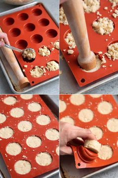 the process of making muffins is being made by using a cookie sheet and a spatula