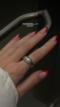 Red French Tip Nails Almond With Rhinestones, Almond Nails For Pale Skin, Nail Inspired 2023, Short Almond Red French Tip Nails, Almond Aesthetic Nails, Nail Art Aesthetic Red, Nails For Red Dress Ideas, Short Gelish Nails, Red French Nails Design