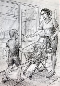 a pencil drawing of a woman pushing a shopping cart with a child in it,