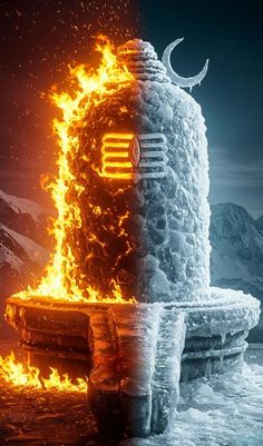 an artistic image of a tower on fire and ice