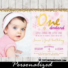 One Little Candle, One Little Cake, One Big Day  to Celebrate!  Stunning Winter Onederland invitations featuring your little girl’s picture against a white backdrop with bokeh lights, pink snowflakes and a touch of gold glitter. Beautiful 1st birthday photo invitations perfect for a toddler’s winter wonderland. #cupcakemakeover