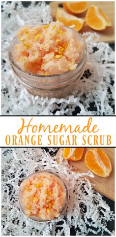 homemade orange sugar scrub recipe in a glass bowl