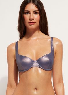 Coated-Effect Balconette Swimsuit Top Daytona - Balconette - Calzedonia Fitted Shimmer Swimwear For Sunbathing, Elegant Metallic Swimwear, Party Swimwear With Padded Underwire Cups, Push-up Swimwear With Padded Cups For Party, Party Push-up Swimwear With Padded Cups, Balconette Swimsuit, Buy Coats, Smart Gift, Free Beach