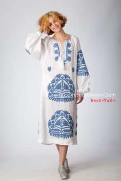 White linen boho embroider mid calf dress, kaftan, bohemian vyshyvanka