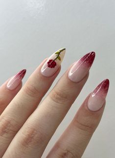 Nails | Nails art | Nails inspo | Nails ideas | Red nails | Roses nails       Cre: @marinandanails on instagram Rose Nails Aesthetic, Red Nail Swirls, Beauty And Beast Nails Art Ideas, Persephone Inspired Nails, Hadestown Nails, Folklore Nails Inspired, Rosh Hashana Nails, House Of The Dragon Nail Art, Royal Nails Aesthetic