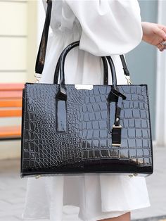 Black Elegant   PU Leather Crocodile Print Top Handle Bag Embellished   Women Bags My Style Bags, Crocodile Bags, Crocodile Print, Elegant Bags, Satchel Purse, Gorgeous Bags, Shoulder Tote Bag, Printed Bags, Handle Bag