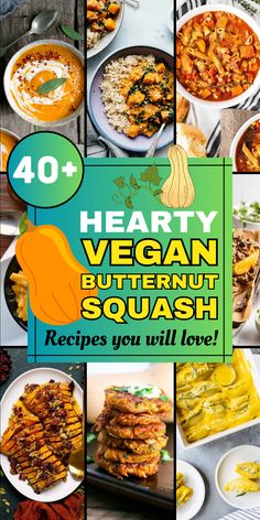 the cover of hearty vegan butternut squash cookbook is shown in multiple photos