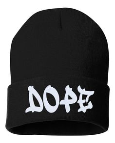 "This listing is for a Beanie embroidered with \"DOPE\" on the front. Need a Cuffed beanie Hat for your favorite FRIEND? Here you go.. Thread Color Choices are: White, Black, Red, Kelly Green, Yellow, Lt. Pink, Navy, Royal. F E A T U R E S -Select your own Color Beanie! From 24 amazing colors. -Select your own Thread Color! 8 Thread Choice! -Solid 12\" Cuffed Beanie. -Ultra Soft Polyester/Acrylic -Our Beanie Hats are made from the highest quality & Ultra Soft Polyester/Acrylic. -Our Beanie hats Streetwear Beanie With Letter Print, Cotton Beanie Cap With Letter Print, Cotton Beanie With Letter Print, Hip Hop Cotton Beanie Hat, Adjustable Fit Hip Hop Hats For Winter, Hip Hop Beanie Cap One Size Fits Most, Black Embroidered Beanie Cap, Adjustable Hip Hop Beanie Hat, Black Embroidered Beanie, One Size Fits Most