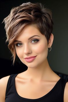 Short Assymetrical Hair Undercut, Short Haircut For Thick Wavy Hair, Very Short Brown Hair, Asymmetrical Pixie Edgy, Coloured Pixie Cut, Short Asymmetrical Haircut, Sassy Haircuts, Messy Short Hair