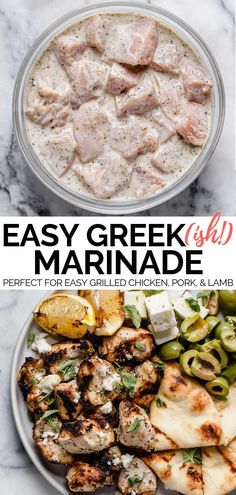 easy greek marinade with grilled chicken, potatoes and zucchini on the side