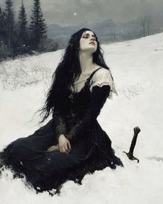 a painting of a woman sitting in the snow with her eyes closed and long black hair