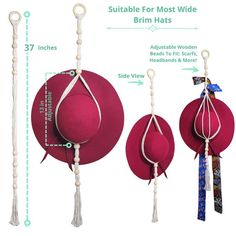 two hats hanging from hooks with tassels attached to them, and the measurements for each hat