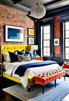 Colorful bedroom with exposed brick wall and black ceiling. Sphere crystal chandelier. orange. yellow. navy. Pink.  Black. Exposed Brick Walls Bedroom, Colorful Industrial, Orange Bed, Brick Wall Bedroom, Bedroom Navy, Bedroom Industrial, Downtown Loft, Feminine Decor