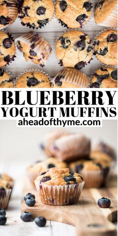 blueberry yogurt muffins on a cutting board with the title above it