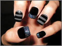 black and gray with sparkles - could do the stripes with sparkles instead of gray.. Grey Nail Art, Bling Nails