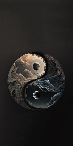 an artistic yin - yang painting with clouds and planets in the sky, on a black background