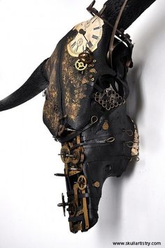 an animal's head is adorned with clocks and gears on the back of it