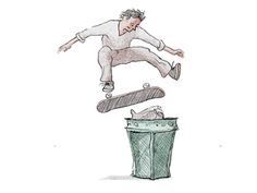 a drawing of a man jumping over a trash can