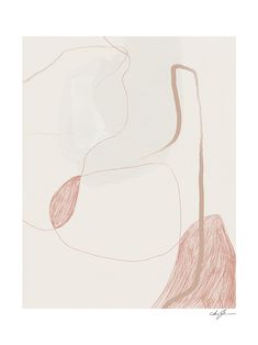 an abstract painting with lines and shapes in pink, beige and grey colors on a white background