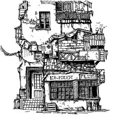 a black and white drawing of a building with balconies on the top floor