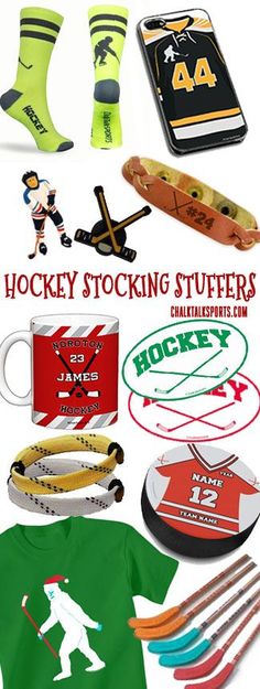 hockey stocking stuff including socks, t - shirts and other sports items are shown