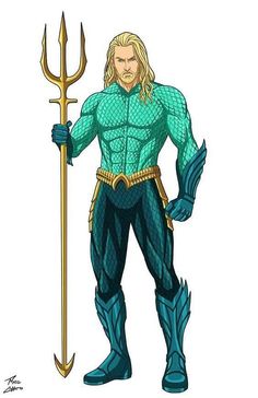 the aqua man is holding a large metal spear and wearing blue armor with gold accents