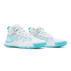 a pair of white and blue tennis shoes on a white background with light blue accents