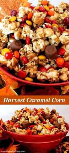 a red bowl filled with candy corn and candies