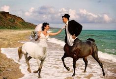 a man and woman riding horses on the beach next to the ocean with text reading morning coffee 39 photos